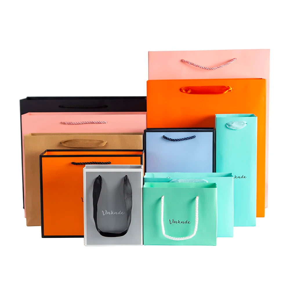 50pcs Custom Logo Luxury Retail Boutique Shopping Tote Bag White Black Kraft Gift Paper Bags For Perfume Shoes Clothes Packaging