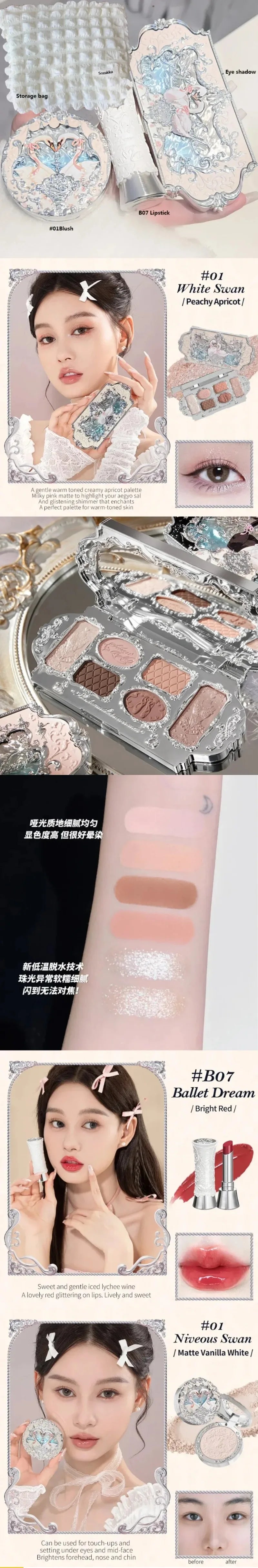 Flower Knows Makeup Set Swan Ballet Concealer Palette Embossed Blusher Shine Lipstick Kit With Bag THE SWEETIE BEAR Bunny Garden