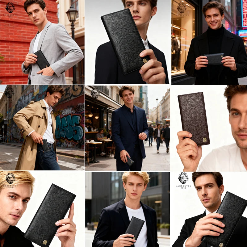 LAORENTOU Long Men's Wallet Soft Ultra-Thin Genuine Leather Wallet With Card Slot Large Capacity Male Purse Wallet Clutch Bag