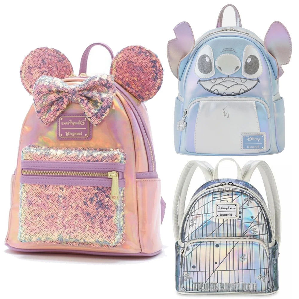 PU Leather Stitch Women Double Shoulder Backpack Donald Goofy Mickey Lady Bags Sequin Schoolbag Handbag Mummy Bag Girls