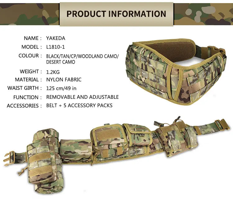 Yakeda Tactical Belt wilth Holster Magazine pouch Hunting Gadget Pouch Waist Bag Adjustable MOLLE Padded Patrol Duty Belt Combat