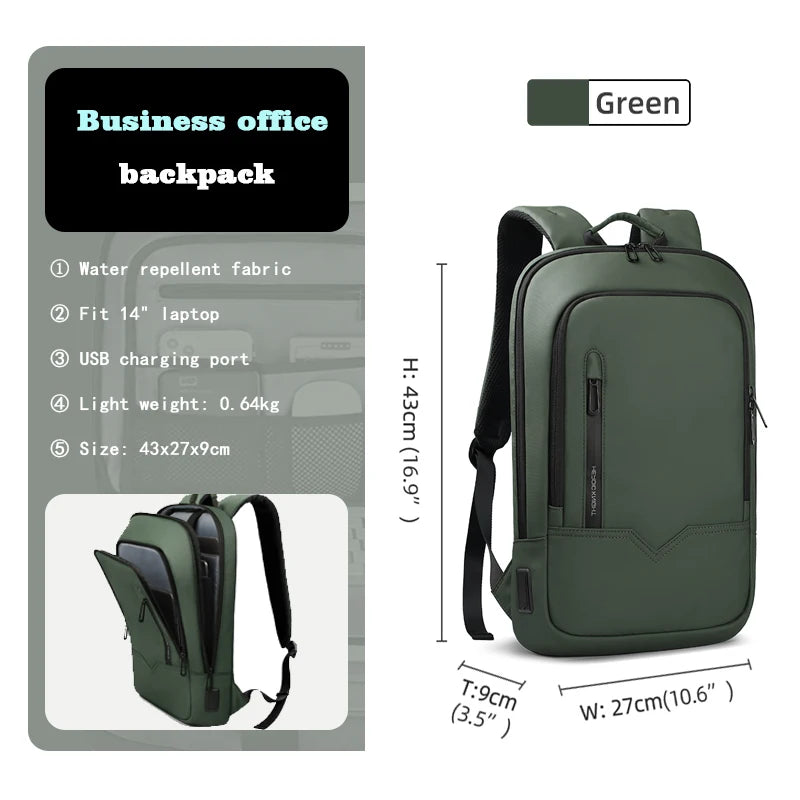 HcanKcan Men Fashion Backpack Slim 14 Inch Laptop Bag Business Multifunctional Waterproof School Unisex Casual Travel Black Bag