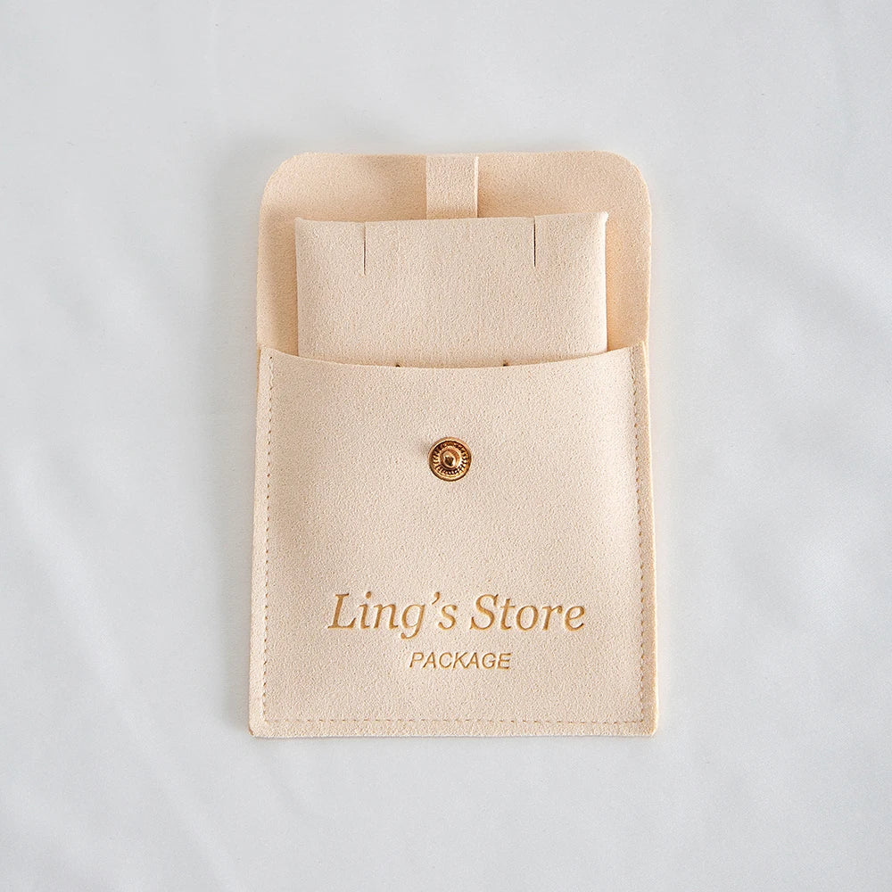 20/50/100Set Beige Personalized Logo Jewelry Microfiber Snap Bag 8x8cm Button Pouch Insert 6x6cm Earring Studs Pad Necklace Card
