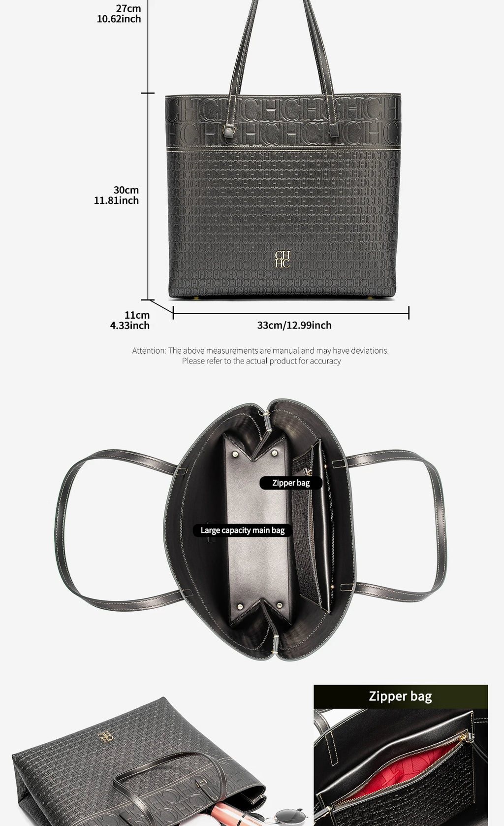 CH Leather Women's Bag Brand Engraved Exquisite Large Capacity Handbag Classic Durable Elegant Fashion Casual Bag with Base