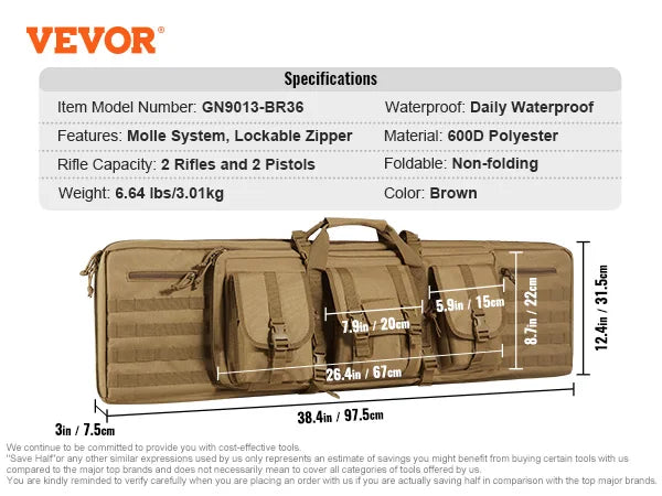 VEVOR Rifle Bag 36/42 inch Tactical Double Long Gun Bag Soft Rifle Case with Lockable Zipper for Two 34"/40" Rifles & 2 Pistols