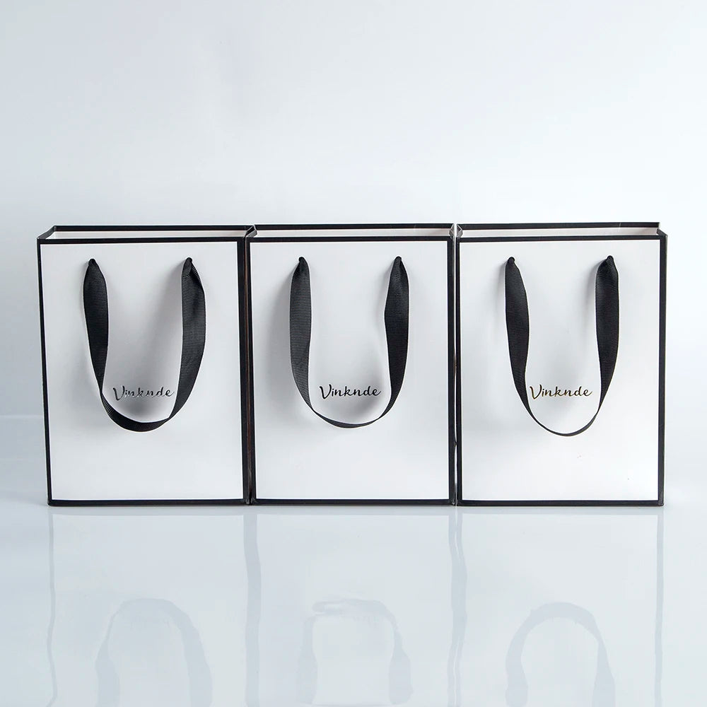 50pcs Custom Logo Luxury Retail Boutique Shopping Tote Bag White Black Kraft Gift Paper Bags For Perfume Shoes Clothes Packaging