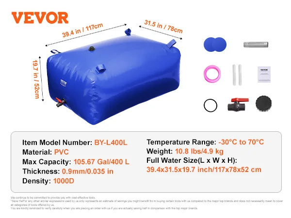 SucceBuy Water Storage Bladder, PVC Collapsible Water Storage Containers, Large Capacity Soft Water Bag, Fire Prevention Camping