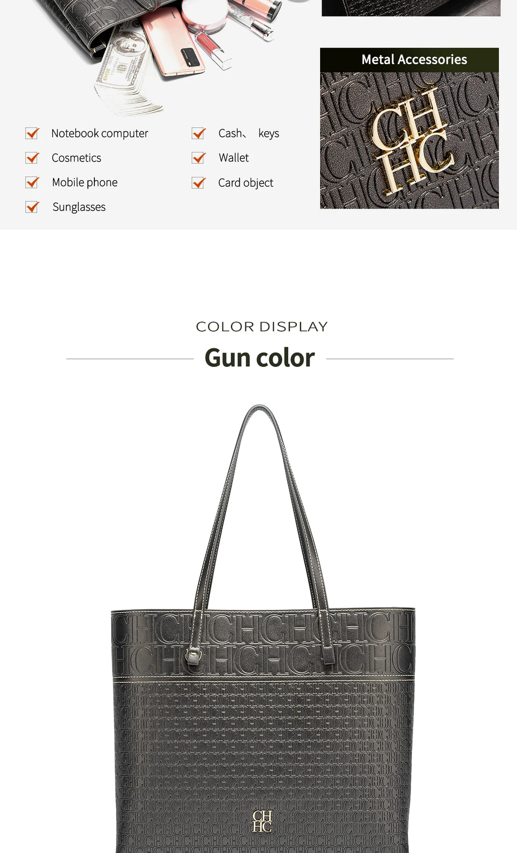 CH Leather Women's Bag Brand Engraved Exquisite Large Capacity Handbag Classic Durable Elegant Fashion Casual Bag with Base