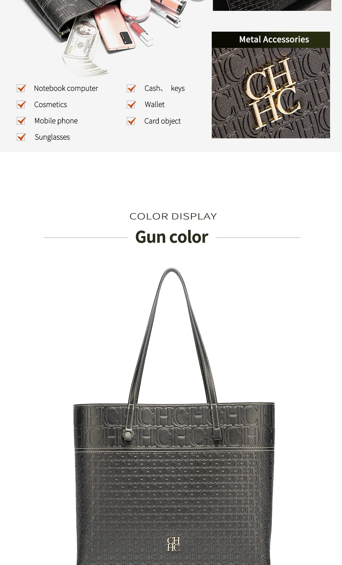 CH Leather Women's Bag Brand Engraved Exquisite Large Capacity Handbag Classic Durable Elegant Fashion Casual Bag with Base