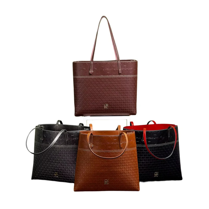 CH Leather Women's Bag Brand Engraved Exquisite Large Capacity Handbag Classic Durable Elegant Fashion Casual Bag with Base