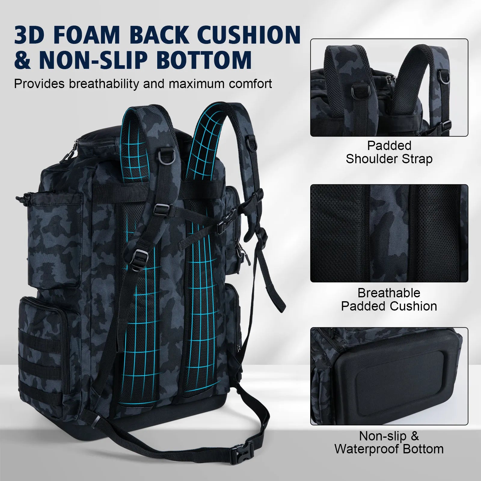 Goture 55*36*28cm Waterproof Fishing Backpack Tackle Bag Hard Bottom with Rod Holders Fish Tool Storage Outdoor Camping Bag