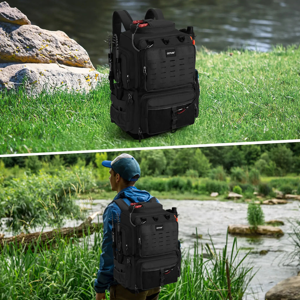 Goture 55*36*28cm Waterproof Fishing Backpack Tackle Bag Hard Bottom with Rod Holders Fish Tool Storage Outdoor Camping Bag