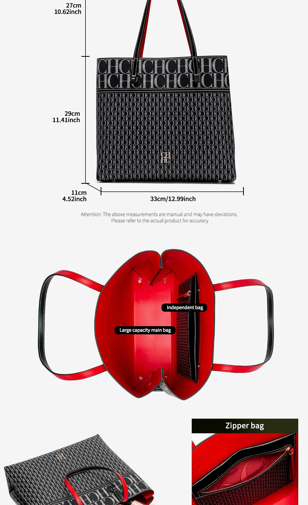 CH Leather Women's Bag Brand Engraved Exquisite Large Capacity Handbag Classic Durable Elegant Fashion Casual Bag with Base