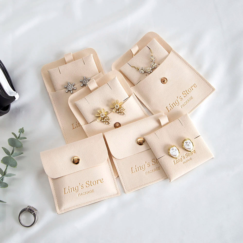 20/50/100Set Beige Personalized Logo Jewelry Microfiber Snap Bag 8x8cm Button Pouch Insert 6x6cm Earring Studs Pad Necklace Card